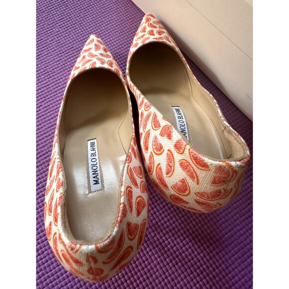 $745 Manolo Blahnik Pumps Size 37 EU 7 US NEW White Orange Linen Grapefruit - Picture 10 of 12